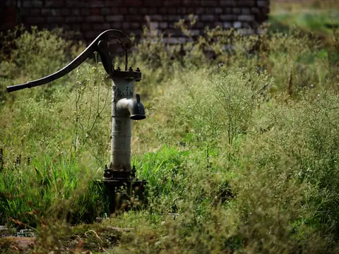 An old hand pump on a well in tall grass