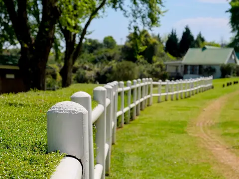 A white fence line and a grass path across open country