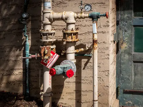 Pipes, valves and gauges where a water line comes up out of the ground
